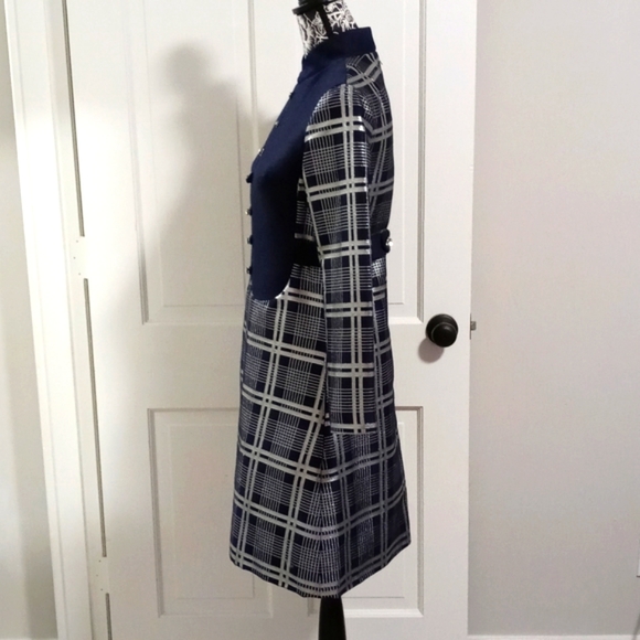 💙VTG 1960s Oscar de la Renta💙 - Navy Silk & Silver Metallic Plaid Mod D - Picture 10 of 16